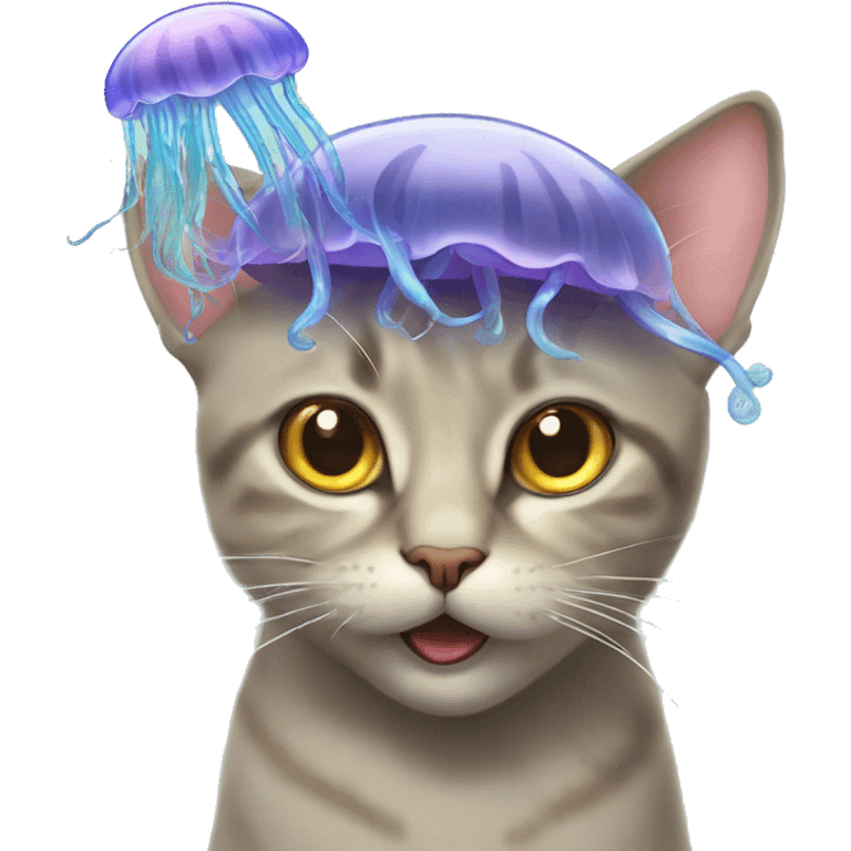 Happy pussycat with happy jellyfish on head   ( jellyfish covering al the cats head , accept the eyes) emoji