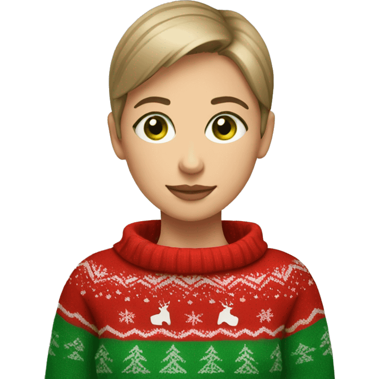 Light brown short haired girl with green eyes drinking coffee wearing red Christmas sweater emoji