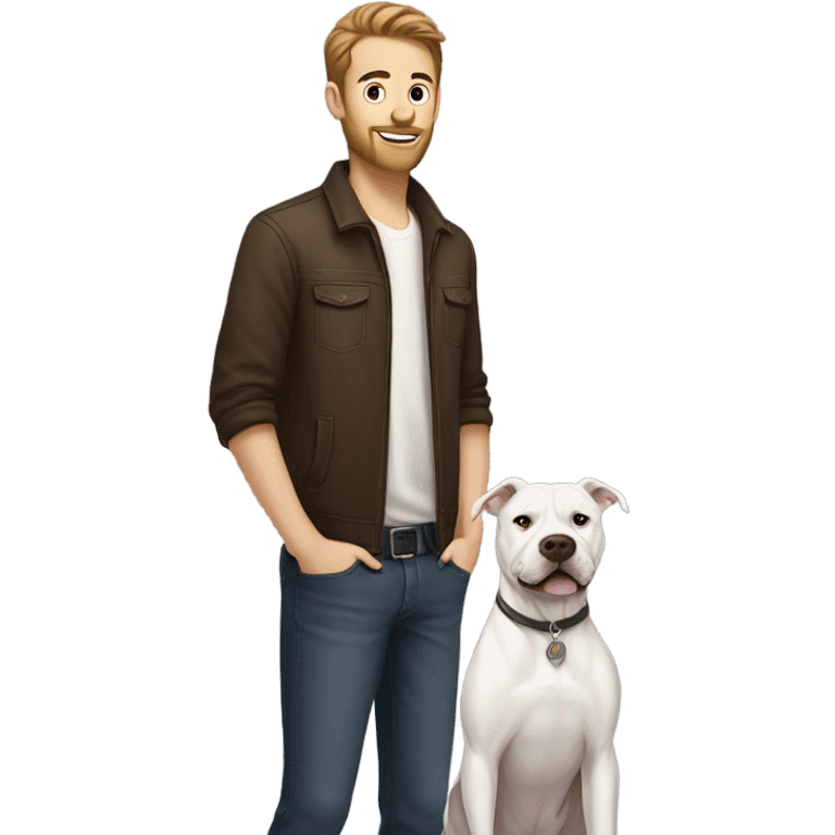 white male with dark brown hair and a lightly scruffy beard shadow standing alongside a white pitbull emoji