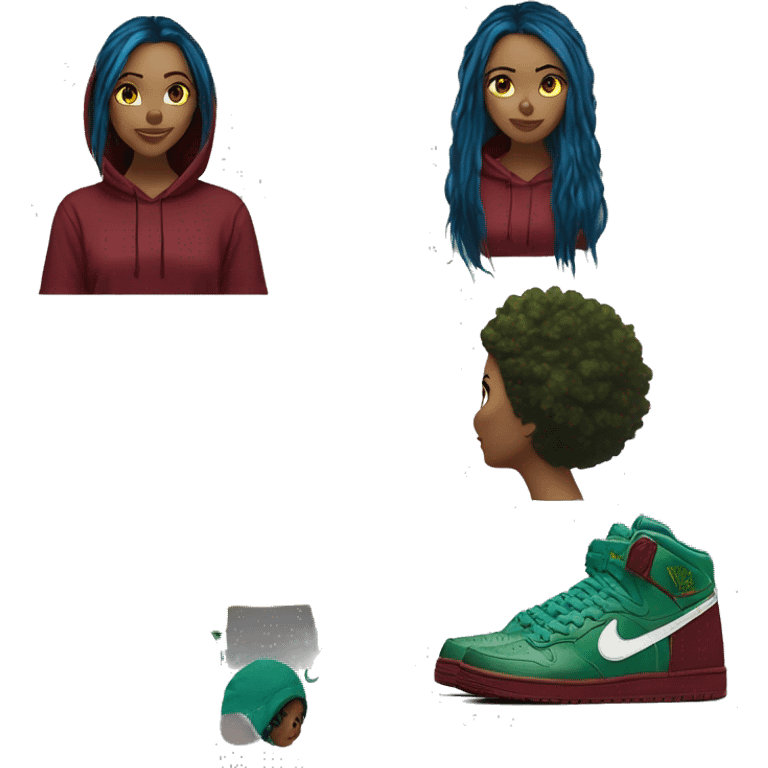 420 Lady with brunette and blue hair, hemp, gold, green dragon wings, maroon hoodie, 420, black and gold Nike t shirt, and bright red eyes emoji