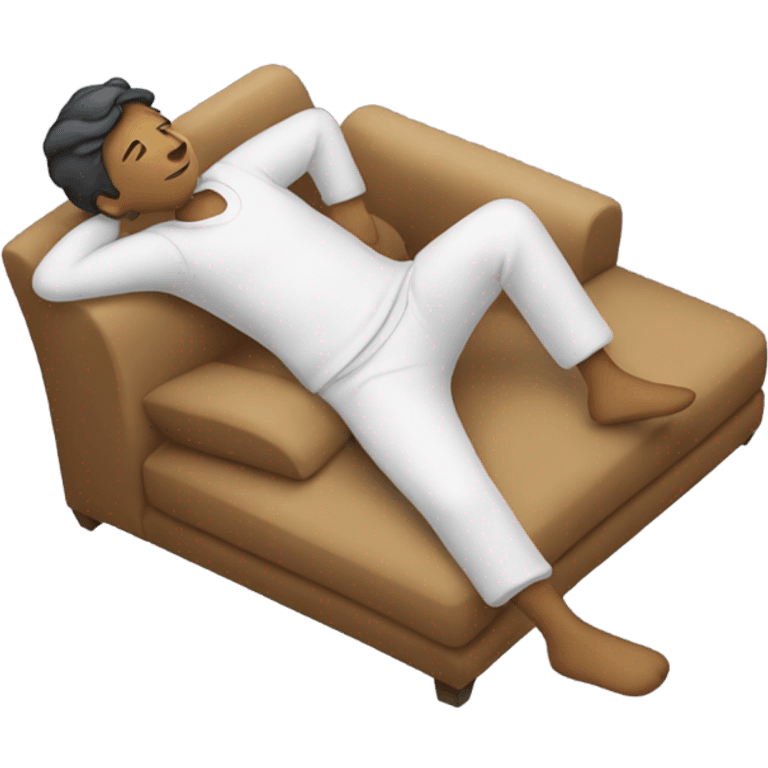 A person lying on a sofa, one leg crossed over the other, with hands behind the head, relaxing in a cozy setting, neutral skin emoji