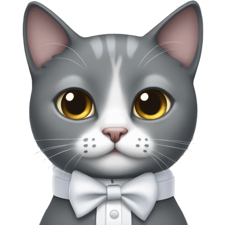 Grey cat wearing a white collar with bow emoji