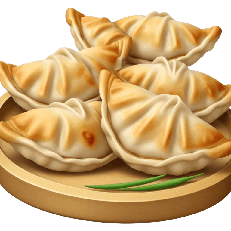 Gyoza Cinematic Realistic Gyoza Dish Emoji, depicted in a close-up view of 1 to 2 delicate dumplings with a crisp, golden exterior and savory filling, rendered with exquisite detail and dynamic lighting. emoji