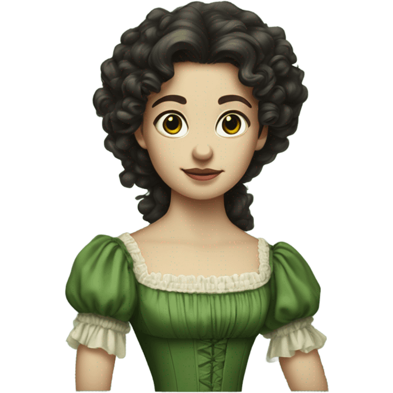 Long dark curly hair, wearing a green dress from the 1800’s, pale skin emoji