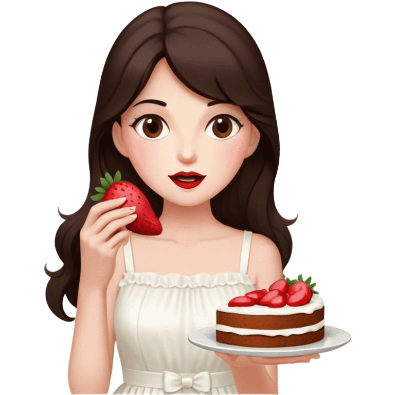 Beautiful woman in 1965’s woman fashion look, white dress, long dark brown hair, strawberry cake emoji