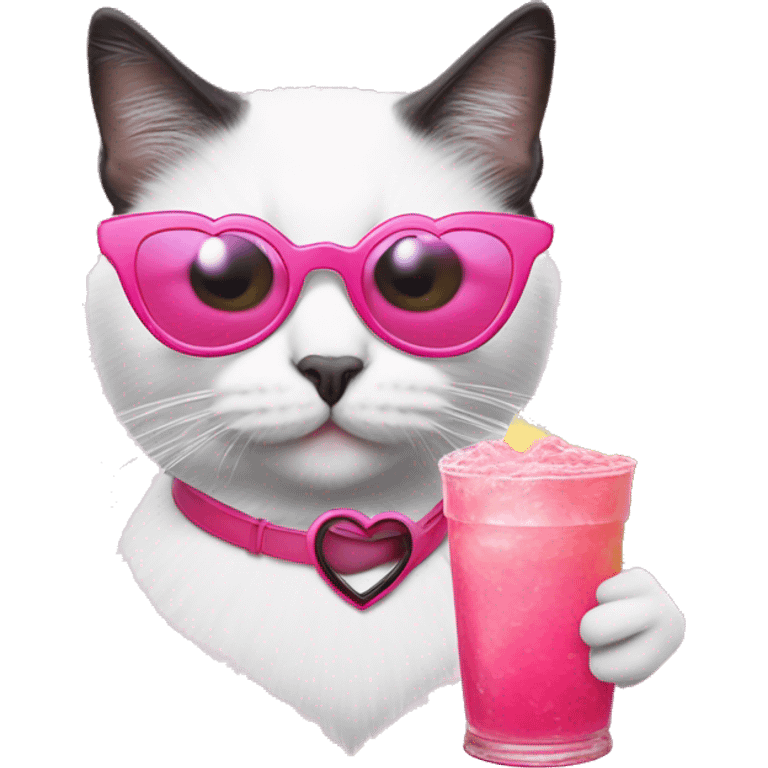 Black and white cat in heart-shaped pink glasses with Pina kolada emoji