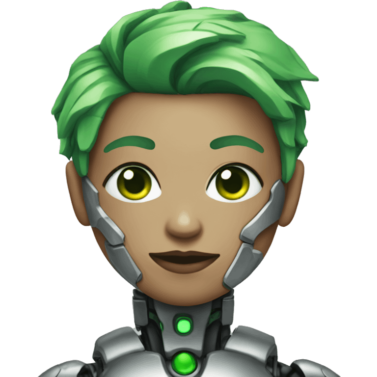 Cyborg with green eyes and green hair emoji