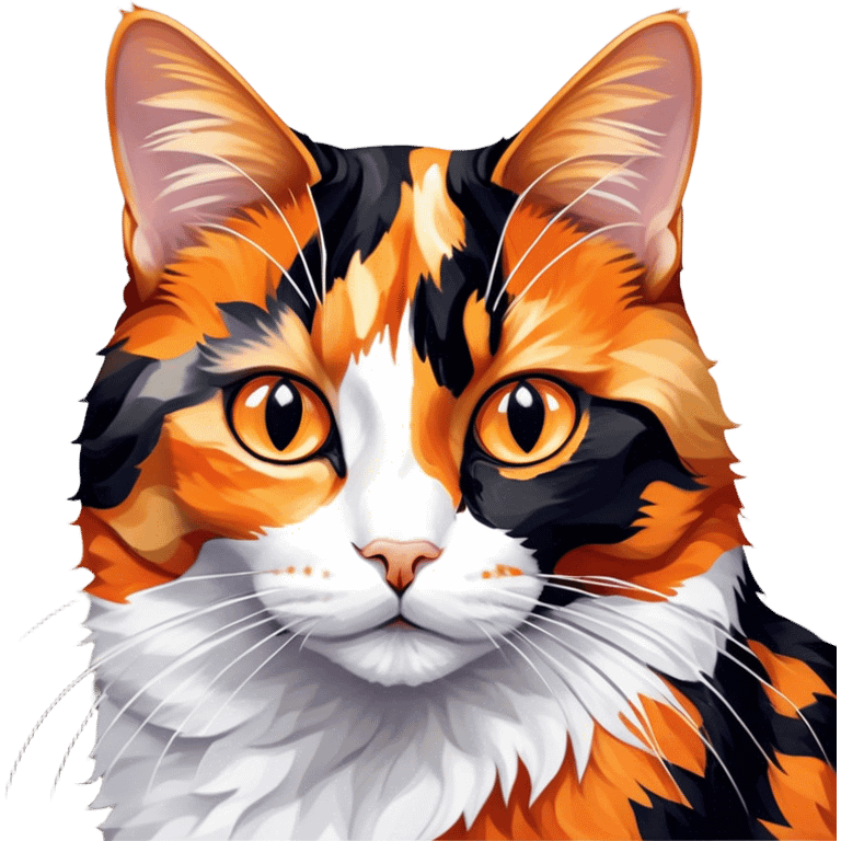 Cinematic Noble Calico Cat Portrait Emoji, Poised and regal, with a striking patchwork fur in vibrant orange, black, and white hues, delicate whiskers and a refined, focused gaze, simplified yet exquisitely detailed, glowing with a soft, moonlit radiance and an air of aristocratic elegance, high shine, exuding dignified intelligence and poised authority, soft glowing outline, capturing the essence of a watchful and noble calico cat that appears ready to grace the screen with effortless majesty! emoji