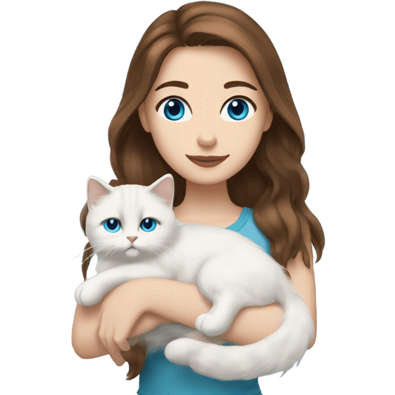 woman with brown hair and holding a all white Siberian cat with blue eyes emoji