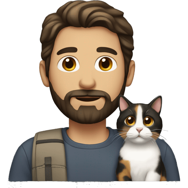 A white man with dark brown hair and beard with a calico cat emoji