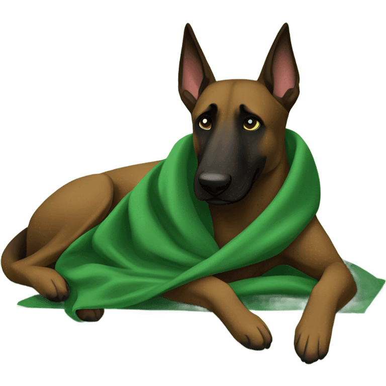 Dark Belgian malinois is sleeping with green blanket  emoji