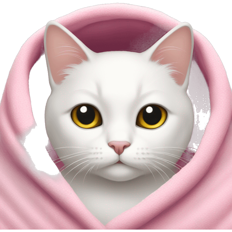 A white cat with pink winter blanket  emoji