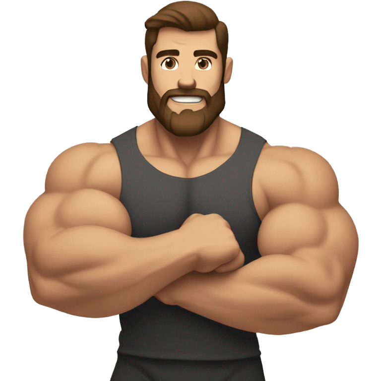 Muscled guy with brown hair and brown beard curling arms emoji