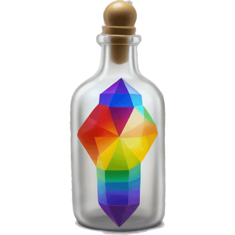 symbolic all-energies in a bottle sculpture symbolizing chromatic light with a geometric, faceted design. The bottle is standing upright with angular and baroque features. The vibrant rainbow of colors highlights the sharp edges and planes.  emoji