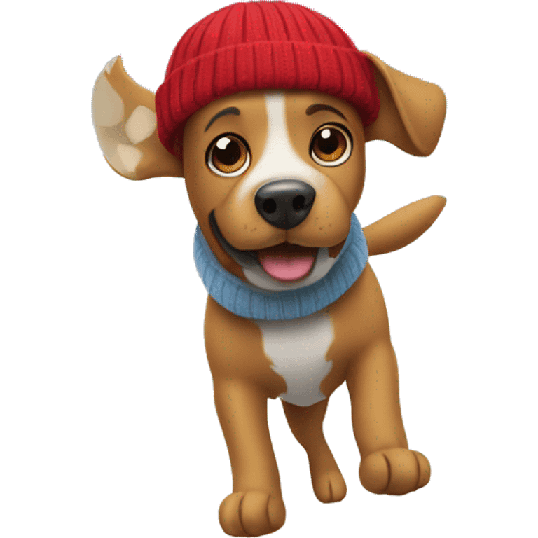 Dog with beanie flying over city emoji