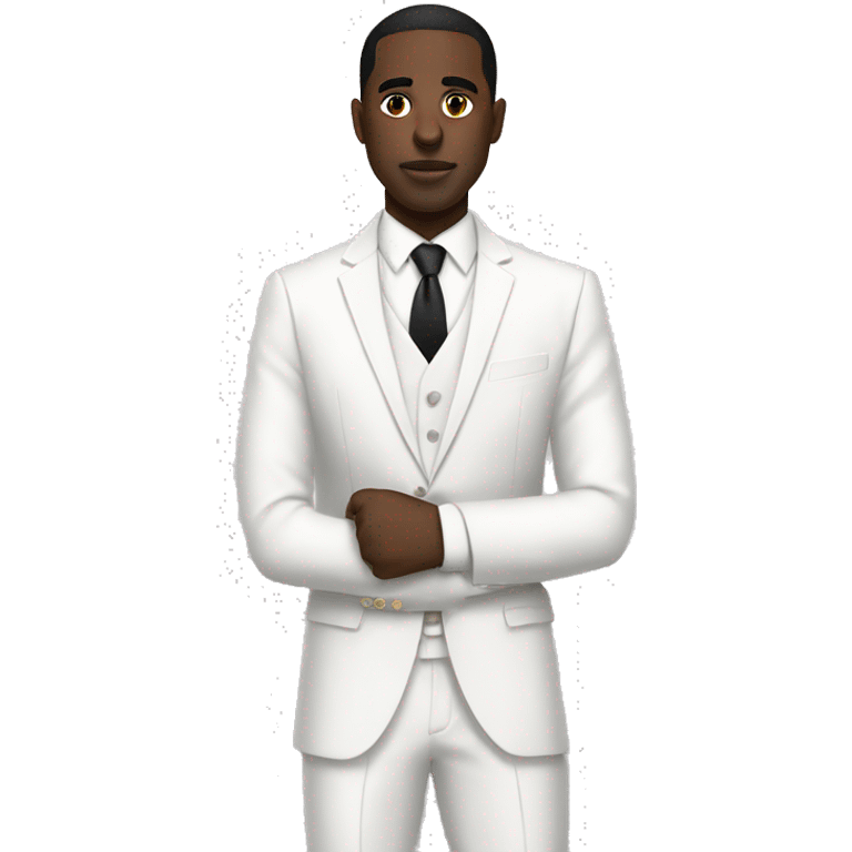 Create a black man with cut in his eyebrow with big black eyes and white suit all white suit with earrings  emoji