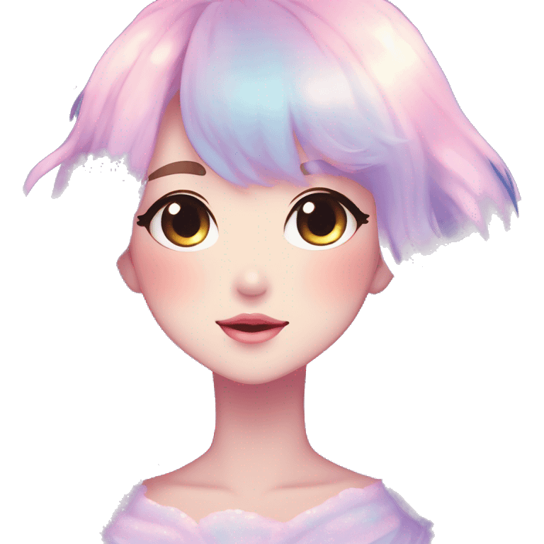 Gorgeous pastel anime style lady blushing nebula gradient sparkle face dreamy idol model colorful shiny stars galaxy kawaii cottagecore pearly petite simplistic aesthetic trending style emoji