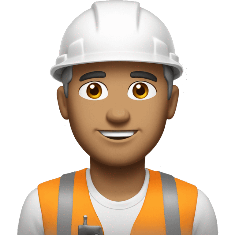 construction worker, full head shot, 3/4 view of face, white hard hat, male, adult, slight stubble, strong jawline, clear eyes visible, color palette: white, beige, gray and brown emoji