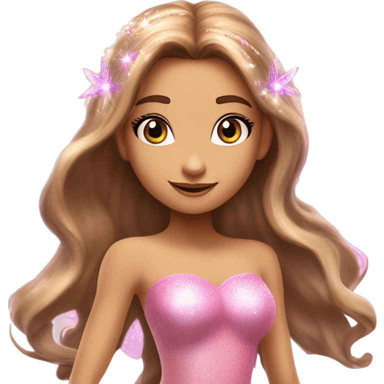 Flora the adult latina fairy of nature in her enchantix fairy pink clothing and fairy enchantix wings and long light brown hair from winx club. Small eyes, Lots of sparkles and fairydust. Full fairy bliss emoji