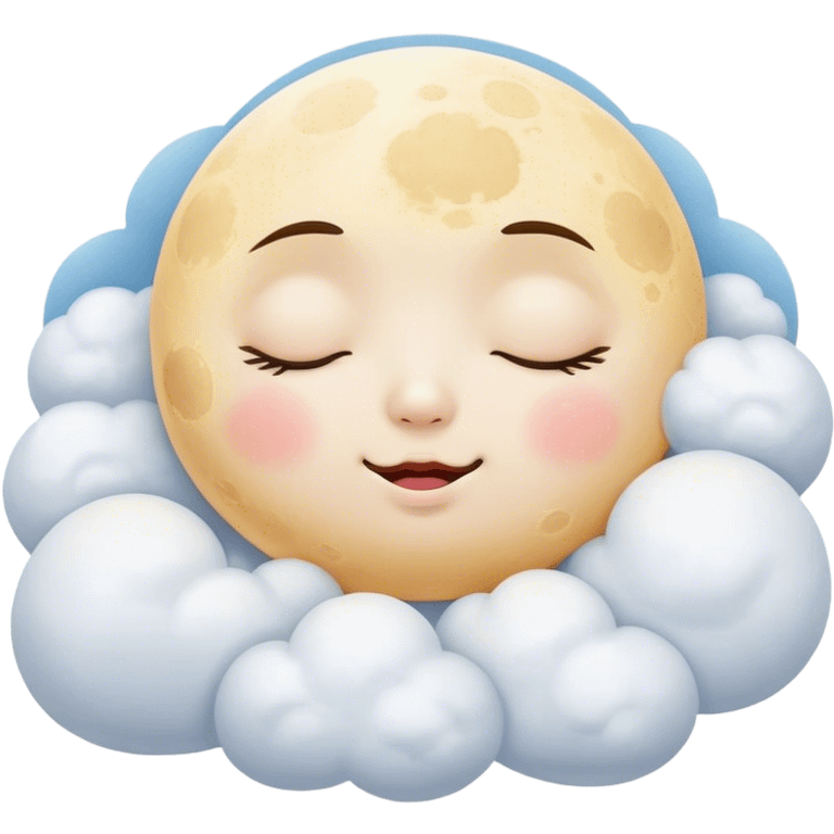 Cinematic adorable moon with a sleepy face, round and chubby, soft glowing light, tiny rosy cheeks, resting on a bed of fluffy clouds, dreamy and peaceful. emoji