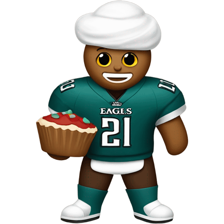 Gingerbread man making cupcakes wearing an eagles jersey emoji