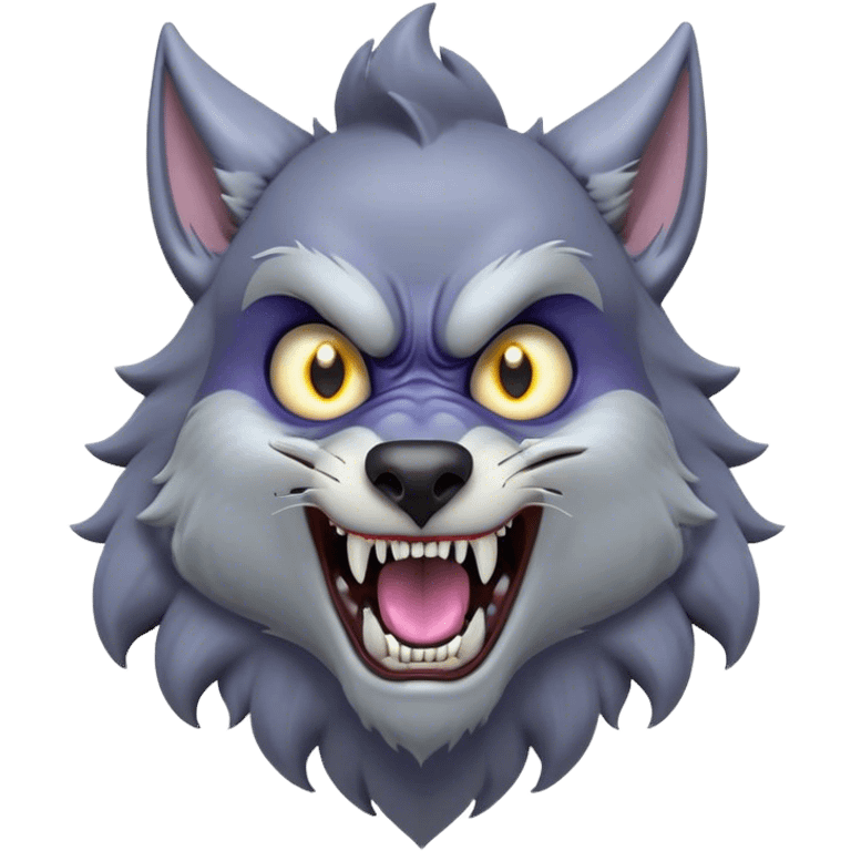 Cinematic Comical Werewolf Portrait Emoji, with a whimsically exaggerated lupine face in vivid moonlit grays and silvers, head cocked in a dramatically shocked expression with comically oversized, wide eyes and a playful snarl, simplified yet hilariously expressive, highly detailed with a soft cartoonish glowing outline capturing the mischievous humor of a werewolf mid-transformation! emoji