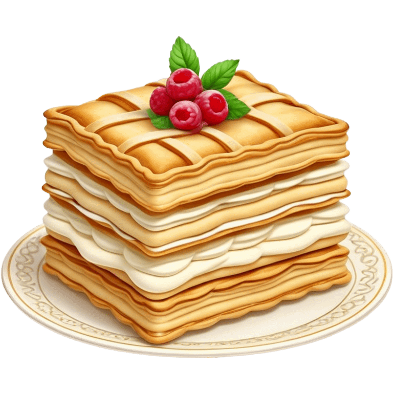 Mille-feuille Cinematic Realistic Mille-Feuille Dessert Emoji, depicted as a delicate pastry composed of two crisp layers of puff pastry with a rich cream filling, rendered with intricate textures and elegant, soft lighting. emoji