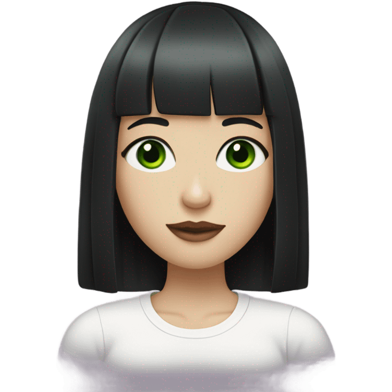 Pale girl with green eyes, black hair with bangs wearing a white graphic tee emoji