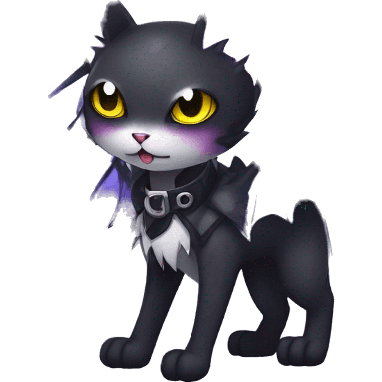   cool edgy kawaii anime-style ethereal dark-punk-themed animal vampiric cat-hybrid Fakemon with fangs and bat-wing-ears with a collar full body emoji