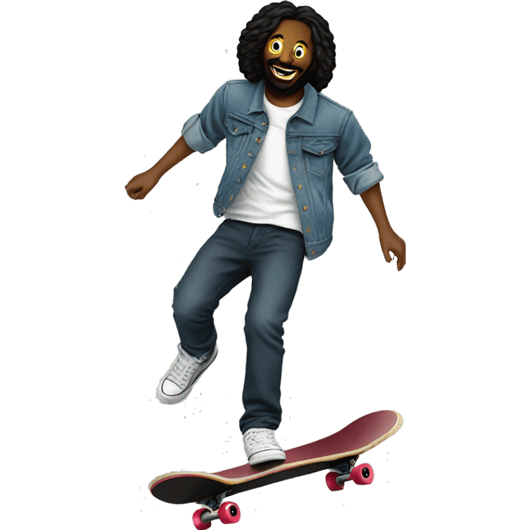 Black Jesus Ollie skateboarding with smiley face T-shirt and a denim jacket  emoji