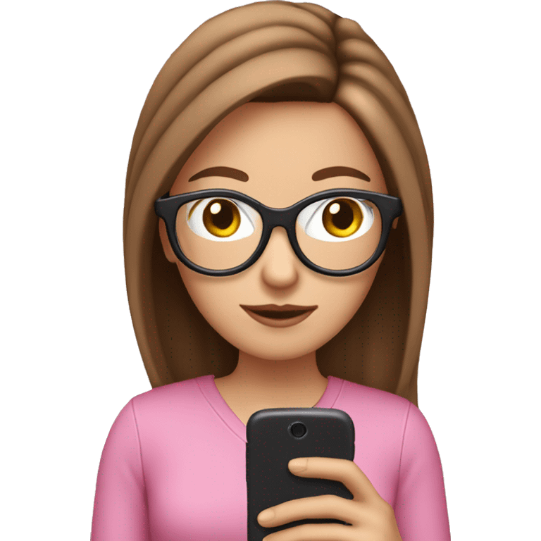 White girl with glasses and brown hair reading on a pink smart phone emoji