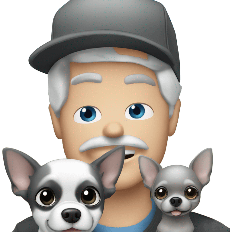 Handsome blue eyed man, with grey hair,  and grey goatee beard, wearing ball cap, holding ‘a black long hair chihuahua’ emoji