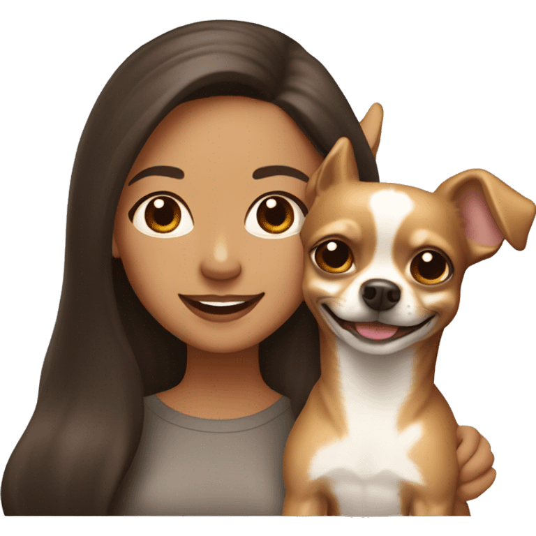 light skin woman with long dark brown hair expressing joy alongside a light brown chihuahua emoji