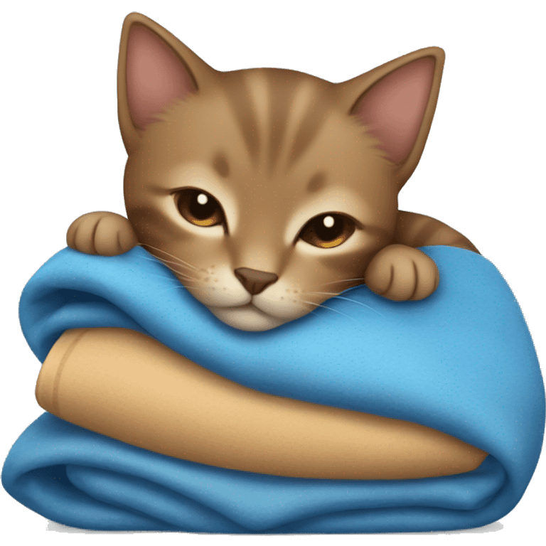 Brown kitten sleeping with blue banket  emoji