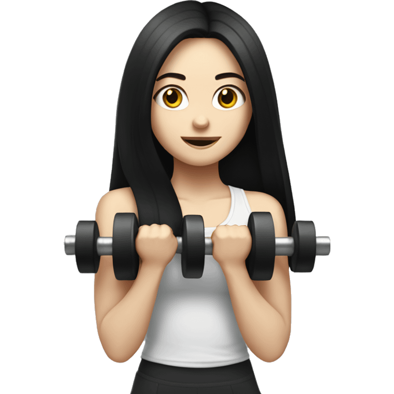 Pale girl with long black hair lifting weights emoji