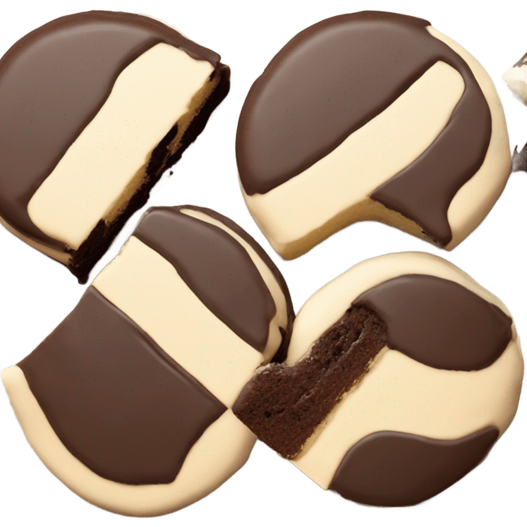 One Black and white cookie equally cut frosting emoji