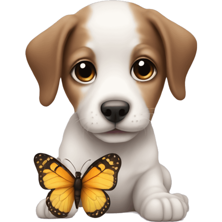 a baby dog with a butterfly sitting on his nose emoji