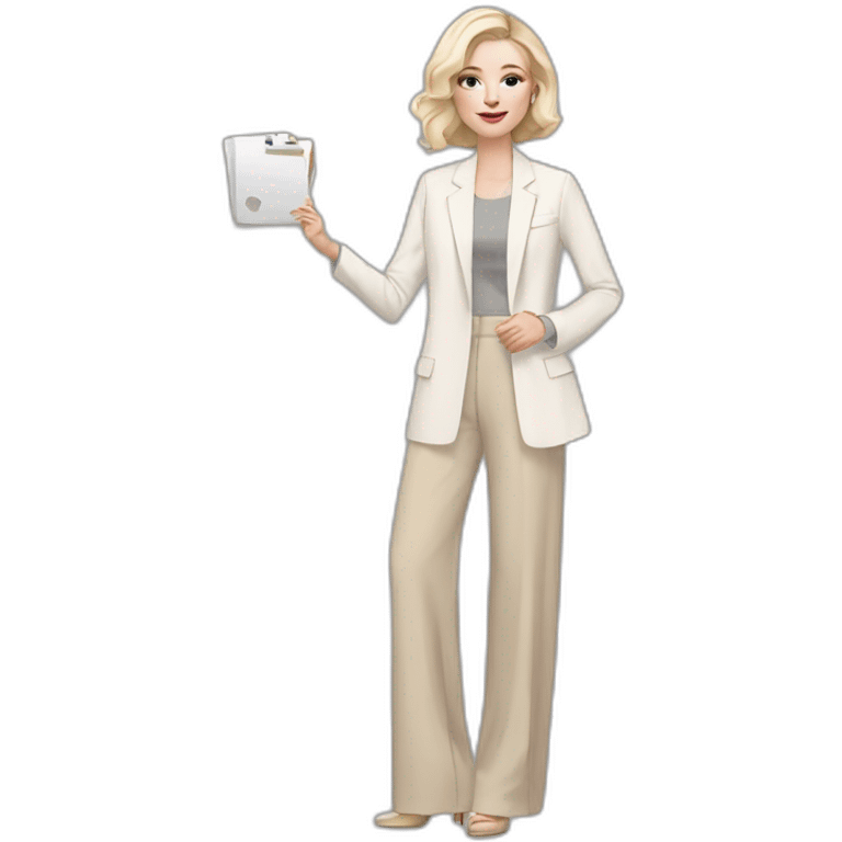 pale skin woman with ash blonde Straightened bob Hair, White Spacious classical jacket, beige palazzo Arrow pants and gray blouse holding a color palette in the hands emoji