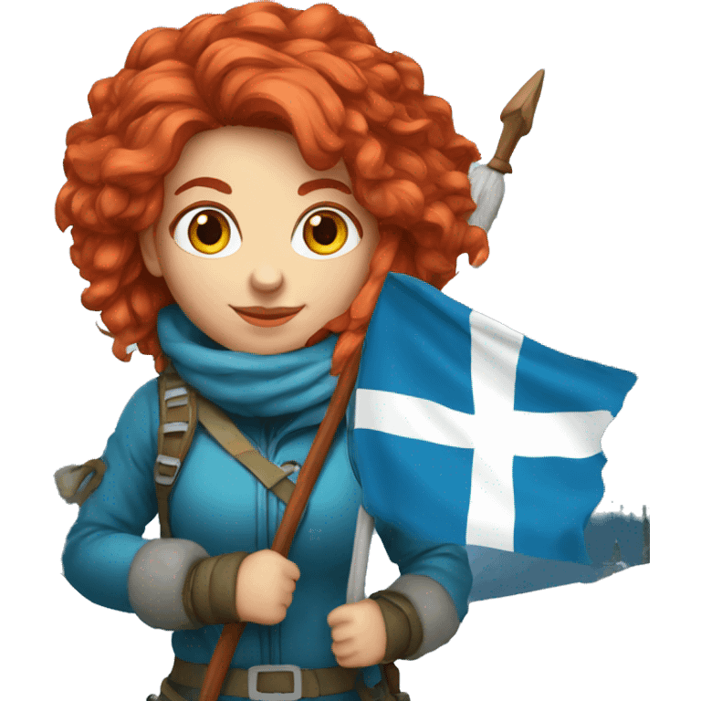 female winter mountaineer red hair holding greek flag and easter egg emoji