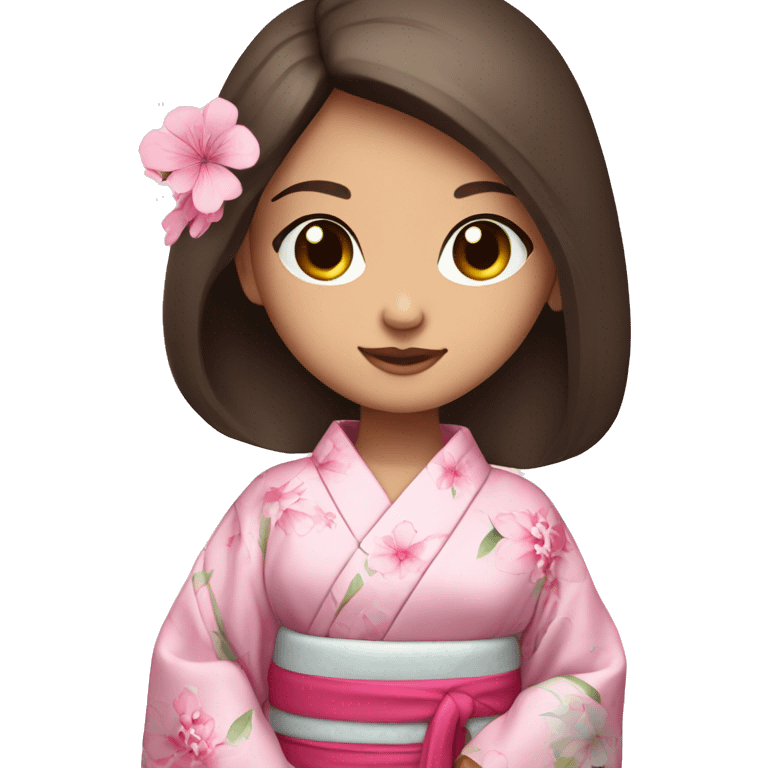 cute brunette girl with blue eyes in pink flower kimono emoji