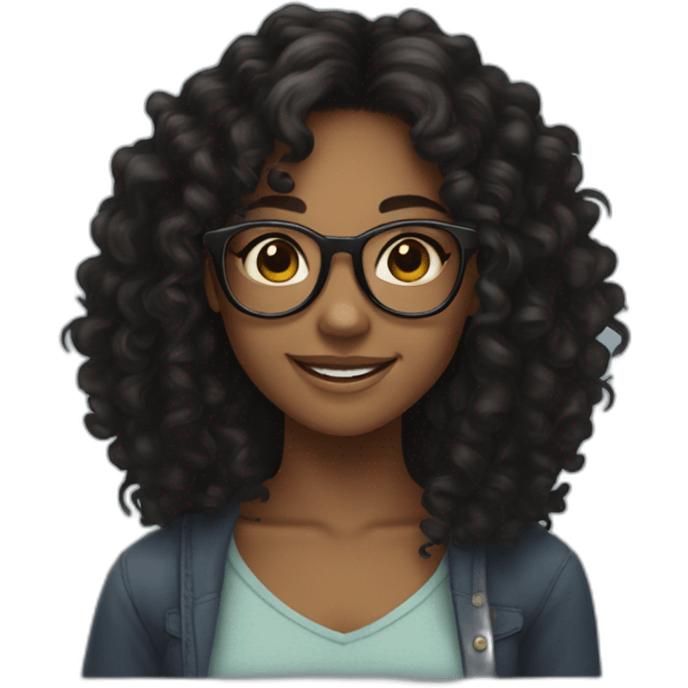 smiling black teenager girl with long black curly hair and round glasses emoji