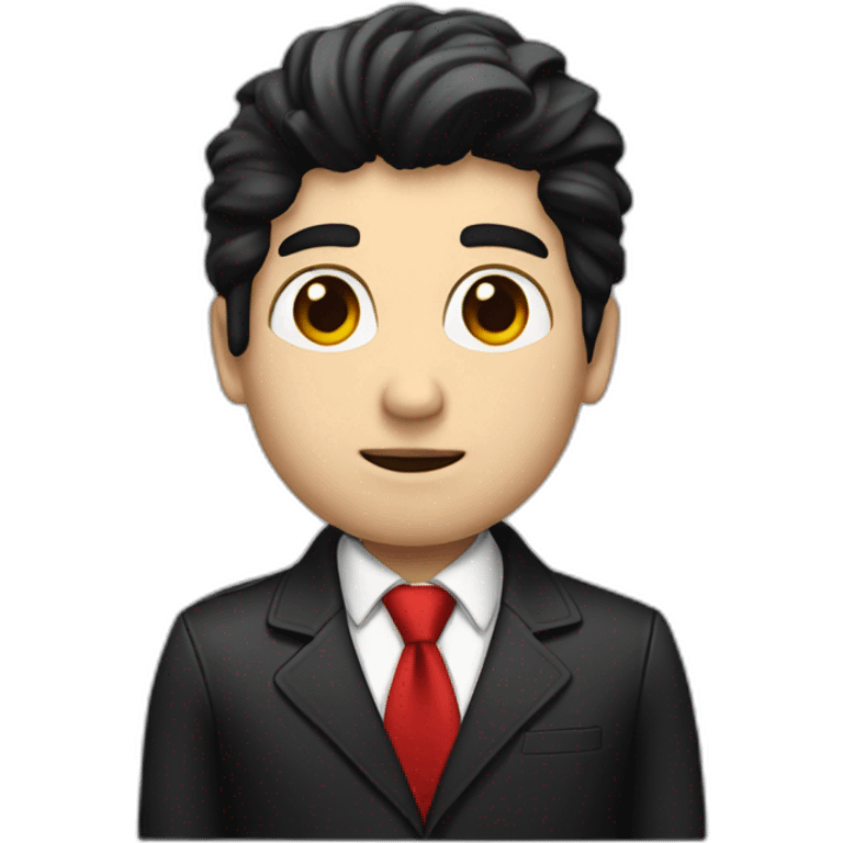 Boss, white skin, black hair, brown eyes, black jacket with red tie. speek emoji