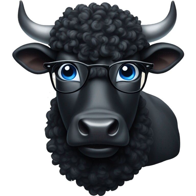 Black bull with curly and blue eyes and glasses emoji