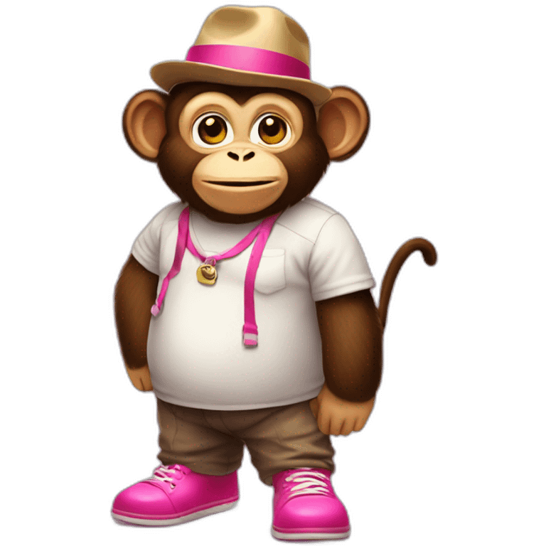 Monkey with hat glazzes a shirt and pants and pink shoes and a rubes cube in hes hand and is fat emoji