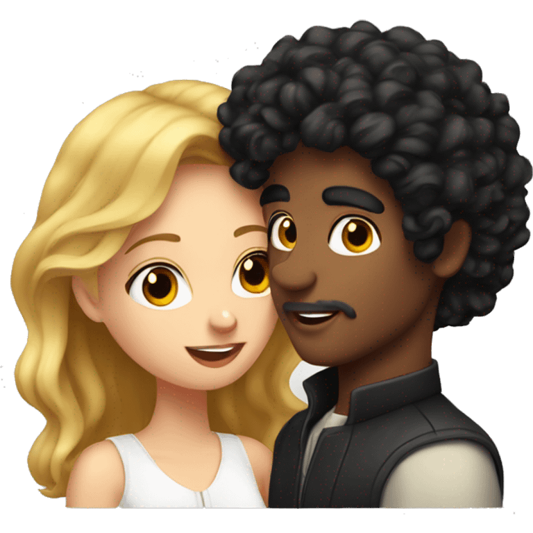 girl with dark red hair kissing man with black curly hair with blonde tips on the cheek  emoji