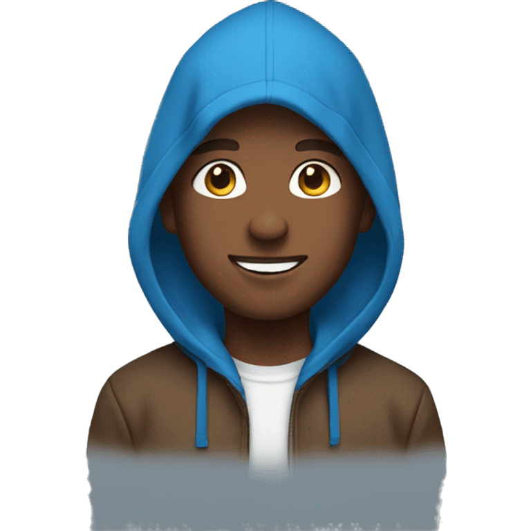 Person wearing blue hoodie with brown hair smiling emoji