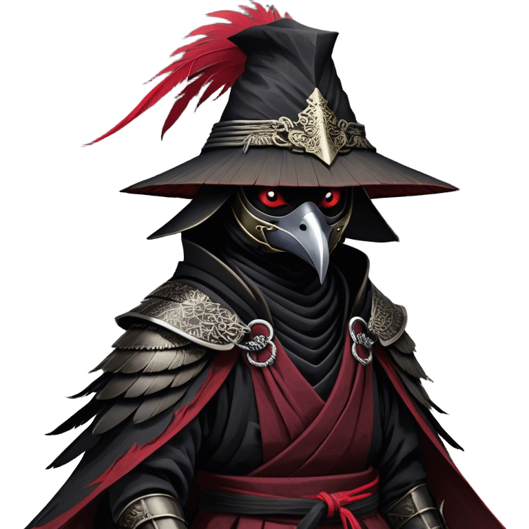 A fierce Kenku samurai with sleek black feathers, piercing crimson eyes glowing under the shadow of his straw hat. His sharp beak is partially covered by a black cloth mask, adding to his air of mystery. He wears layered black and crimson armor, intricate silver engravings etched into the metal plates. A long, tattered cloak billows behind him, worn from countless battles. His clawed hands grip the hilt of a curved katana, its polished blade reflecting the moonlight. Wisps of mist swirl around his taloned feet as he stands motionless emoji