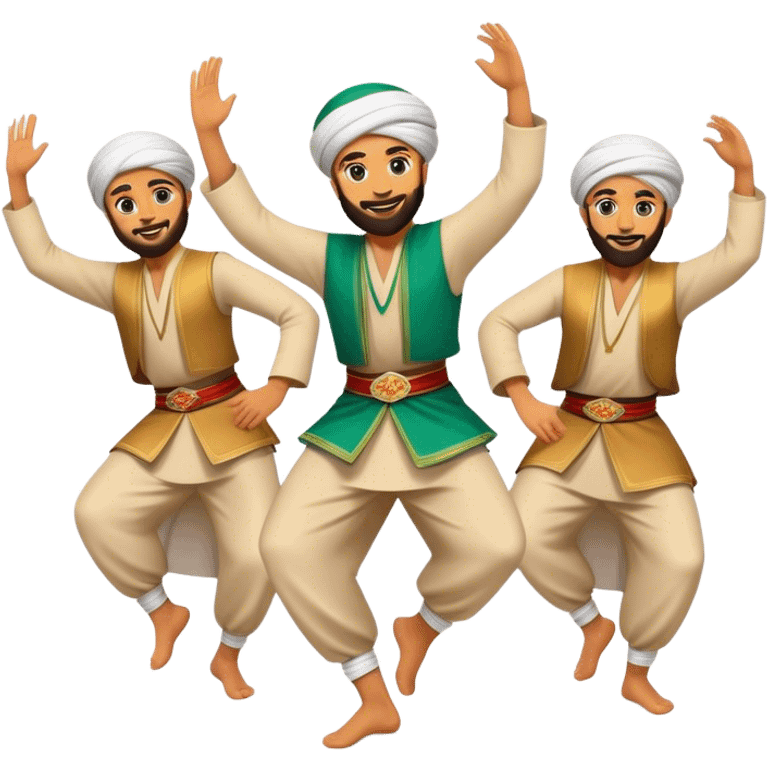 Cinematic Realistic Dabke Dance Emoji, depicted as an energetic traditional Lebanese folk dance with vibrant costumes and rhythmic movements, rendered with dynamic textures and festive natural lighting that captures its communal joy. emoji