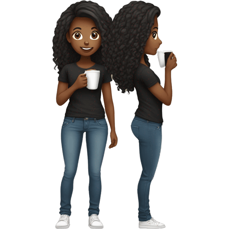 African American female with long hair talking on cellphone and holding a coffee wearing black shirt and jeans full length chibi emoji