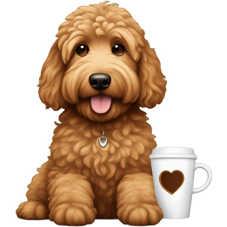 brown golden doodle with a coffee emoji